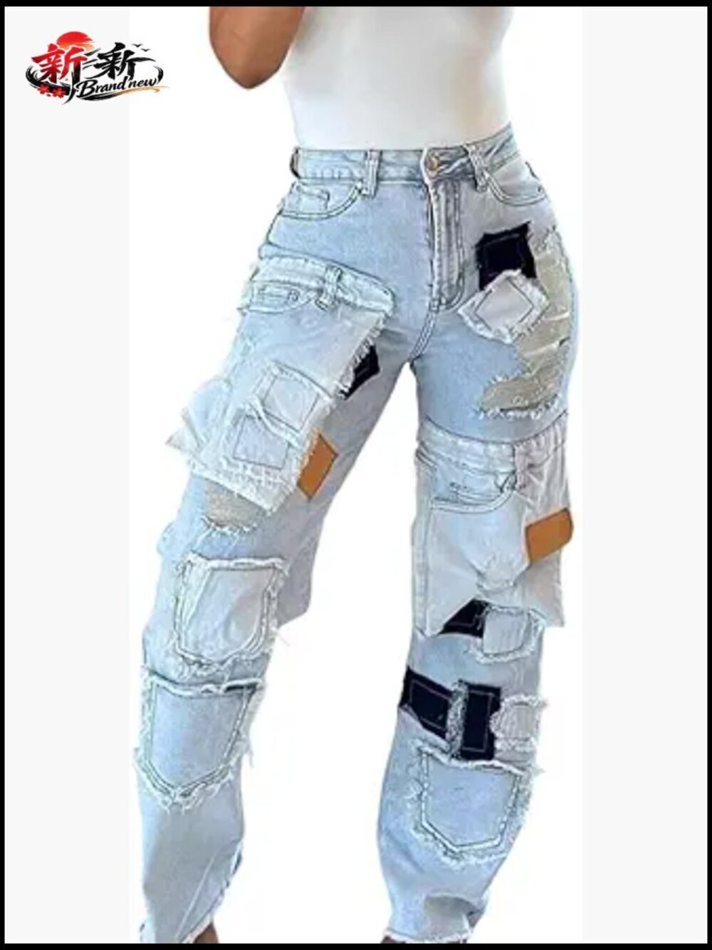High Waist Wide Leg Patchwork Distressed Jeans with Pockets
